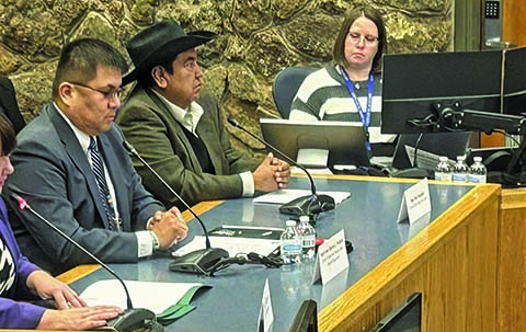 Navajo County Supervisor, Alberto Peshlakai (left) speaks at U.S. Senate hearing in Flagstaff regarding Winslow levee.