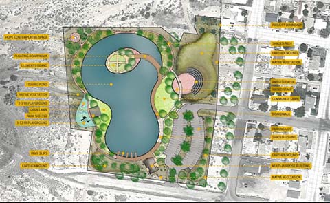 Artwork provided by Stantec Engineering / This artist’s rendition of the proposed park and pond was created for the City of Holbrook in 2017 by Stantec Engineering to provide imagery for the proposed project.