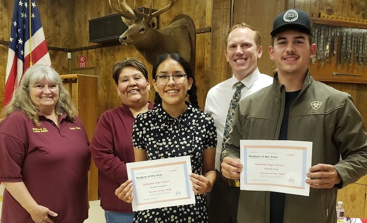 Elks HHS Students of the Year are Serena Sangster (third from the left) and Hunter Love (right). Also pictured are Elks officers Cindy Allen (left), Yolanda Lincoln (second from the left) and HHS Principal Clete Hargrave (second from the right).