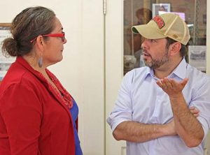 Winslow Mayor Roberta Cano speaking with Representative Ruben Gallego during his visit earlier this month to Winslow as part of his campaign for US Senate.