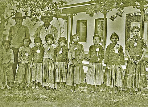 Navajo girls brought to a boarding school from Keams Canyon. Photo dated June 19, 1923.