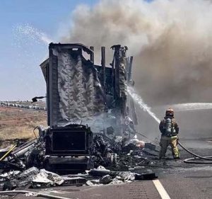 At approximately 10:27 a.m. on Saturday, July 27, Holbrook Volunteer Fire Department responded to a semi-truck and trailer on fire on Interstate 40 near milepost 289 in Holbrook, with mutual aid provided by Joseph City Fire Department. According to Holbrook Fire Chief Alex Baker, the truck and trailer involved is registered to Day & Night Movers of Chicago, Ill., with the contents of the trailer household goods. There were no individuals or fire personnel injured in the fire.