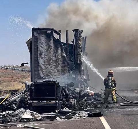 At approximately 10:27 a.m. on Saturday, July 27, Holbrook Volunteer Fire Department responded to a semi-truck and trailer on fire on Interstate 40 near milepost 289 in Holbrook, with mutual aid provided by Joseph City Fire Department. According to Holbrook Fire Chief Alex Baker, the truck and trailer involved is registered to Day & Night Movers of Chicago, Ill., with the contents of the trailer household goods. There were no individuals or fire personnel injured in the fire.