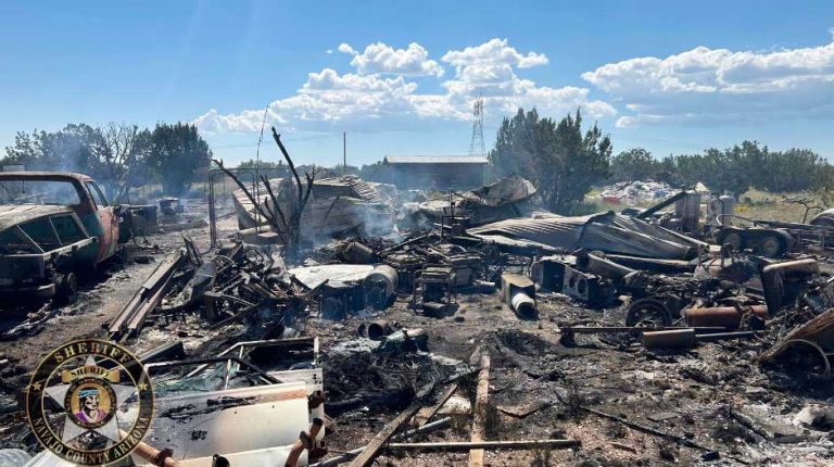A vehicle and structure in Heber shown here were destroyed in what is believed to be an arson fire.