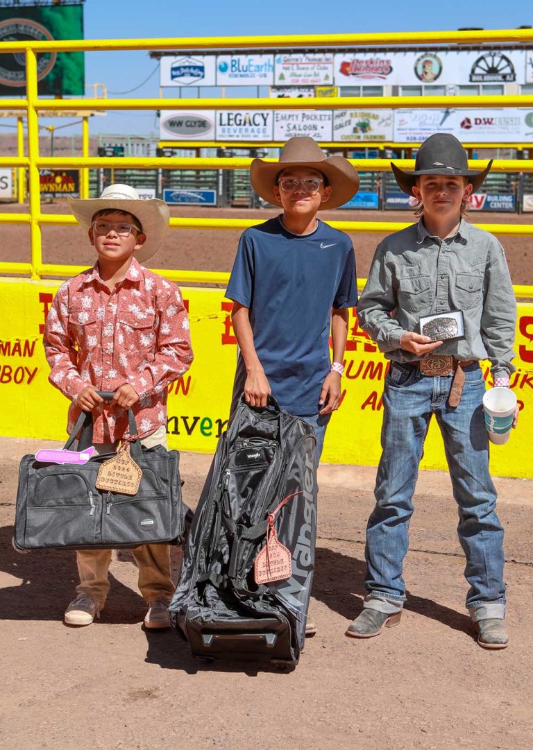 For the Little Buckaroo Steer Riding competition, Brooks Reidhead (right) won first place, Leozandro Benton (center) won second place and Trevor Smith (left) won third place.
