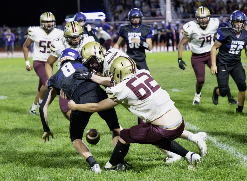 The Winslow Bulldogs fell to the Payson Longhorns last week, but fought hard none the less. Here the Bulldogs take down a Payson running back as he fumbles the ball.