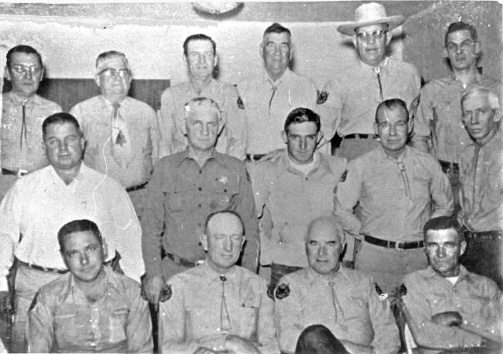 Photo from Painted Desert Tribune archives / The original Navajo County Sheriff’s Posse was formed in 1957 with members including (front row, left to right) Jack Woods, Cephas Perkins, Roy Downing, Charlie Jennings, (middle row) Allen Hensley, Ben Pearson, Bobby Koury, Dutch Rupky, C.F. Lee, (back row) Vic Gerwitz, Harve Randall, Ted Gerwitz, Harve Smithson, Art Whiting and Grant Brinkerhoff. In 1958, the group came up with the idea of riding pony express-style to carry a letter of invitation to then Governor Paul Fannin to attend the Stampede Rodeo held in July at the Navajo County Fairgrounds.