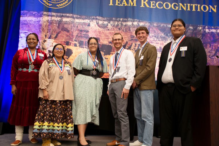 NPC All-Arizona Academic Team members (left to right) Rivke Huma, Rhiannon Walker, Graecyn Lewis, Carter Papa, Caleb Anson, Dahkoshay Hinton, and (not pictured) Elliot Emerson and Tyler Wiley were recognized at the State All-Arizona Academic Awards Ceremony in Gilbert.