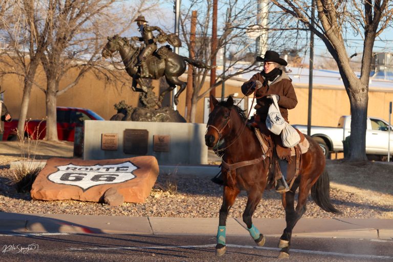 Beth Self started out the Navajo County Sheriff’s Posse Pony Express ride from Holbrook to Scottsdale last Wednesday, leaving Gillespie Park carrying bags of letters written by Holbrook school kids to their pen pals in Scottsdale.