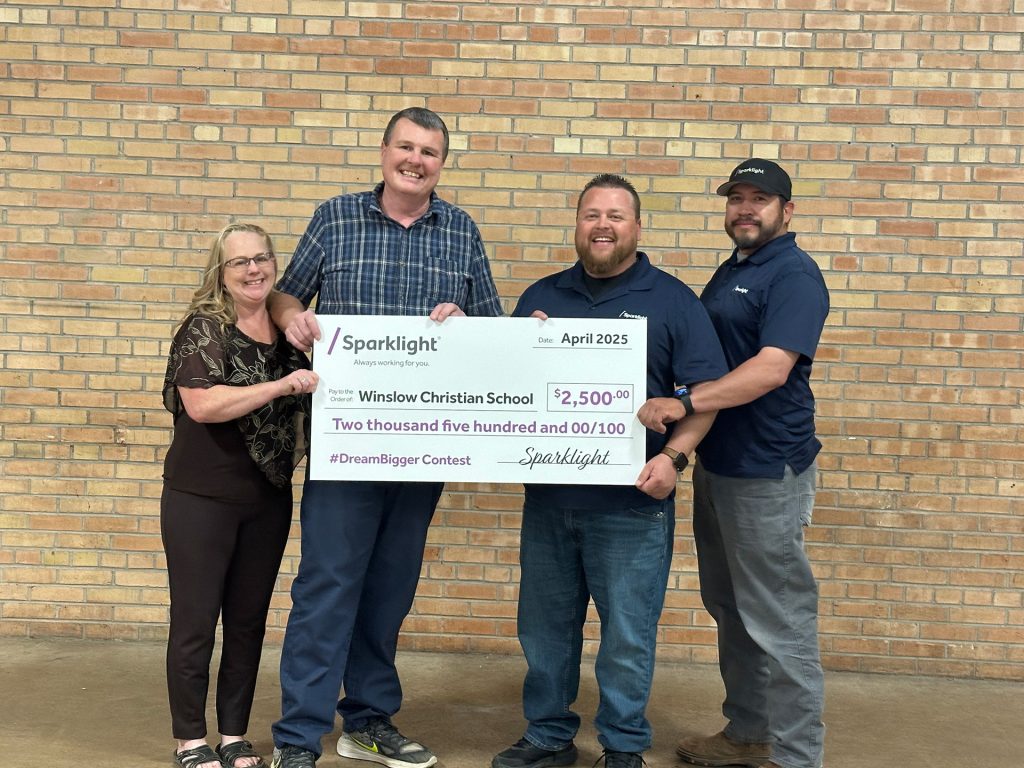 Winslow Christian School was awarded $2,500 from Sparklight for STEM. Pictured are (left to right) Monica Skaggs, Winslow Christian School; Paul Skaggs, principal of Winslow Christian School; Edmund Riege IV of Sparklight; and Loren Pierce of Sparklight.