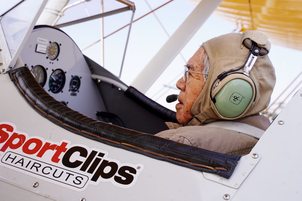 Army Veteran Lewis Peshlakai is all ready for liftoff during his experience with Dream Flights, a nonprofit that flies elderly veterans living in assisted living communities in a World War II-style plane for the experience of a lifetime.