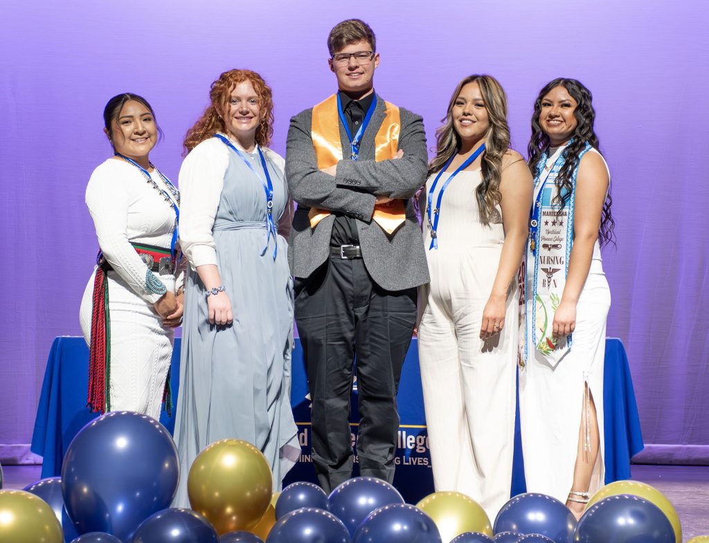 Friends, family and Northland Pioneer College administration and faculty celebrated five deserving NPC nursing graduates from the Little Colorado, Winslow campus. The students were recognized for their outstanding achievement in a ceremony held at Winslow High School on Friday, May 9. Those pictured are (left to right) Melody Baldwin, Rebecca Spurlock, Bryson Sheppard, Kelly Chee and Marielena Petet.