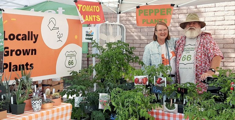 Berry and Richard Larson are Arizona Master Gardeners and the owners of Growing on 66. They are shown here at their booth at the Mother Road Farmers Market.