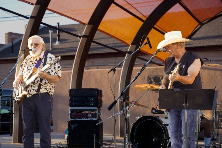 Local musicians Steve Lowry (left) and Tim Kelley (right) of High Lonesome perform at the Winslow Route 66 Plaza on 2nd Street during last week’s June Jams concert, entertaining the crowd with country and rock favorites. The final June’s Jams will be held from 6 to 10 p.m. on Friday with a performance by Bordertown.