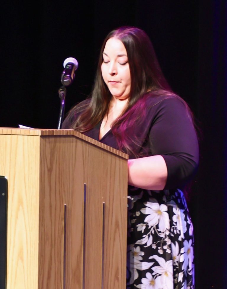 NPC Student Danielle Teage speaks about her journey to HSE completion to those gathered in celebration of her fellow graduates.