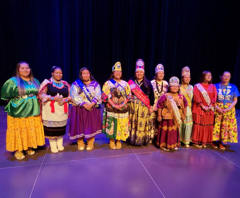 NPC’s Miss Native American Pageant included royalty from throughout Arizona. Pictured are (left to right): NPC Eagle Club President Jillian Henry; NPC pageant contestant Celora Coochyamptewa of Hopi; Taysa Lee, Miss NPC Native American runner-up; Trina Damon, Miss NPC Native American Queen; Daelyn Nez, Miss Native American University of Arizona; Lorena Cosen, Miss San Carlos Apache Tribe; Oceaonna Little Star Armstrong, Miss White Mountain Apache Tribe Princess; Charity Johnson, Miss White Mountain Apache Tribe Queen; Samantha Damon, Miss Theodore Roosevelt School 2nd Attendant, and NPC Eagle Club advisor Shandiin Deputee.