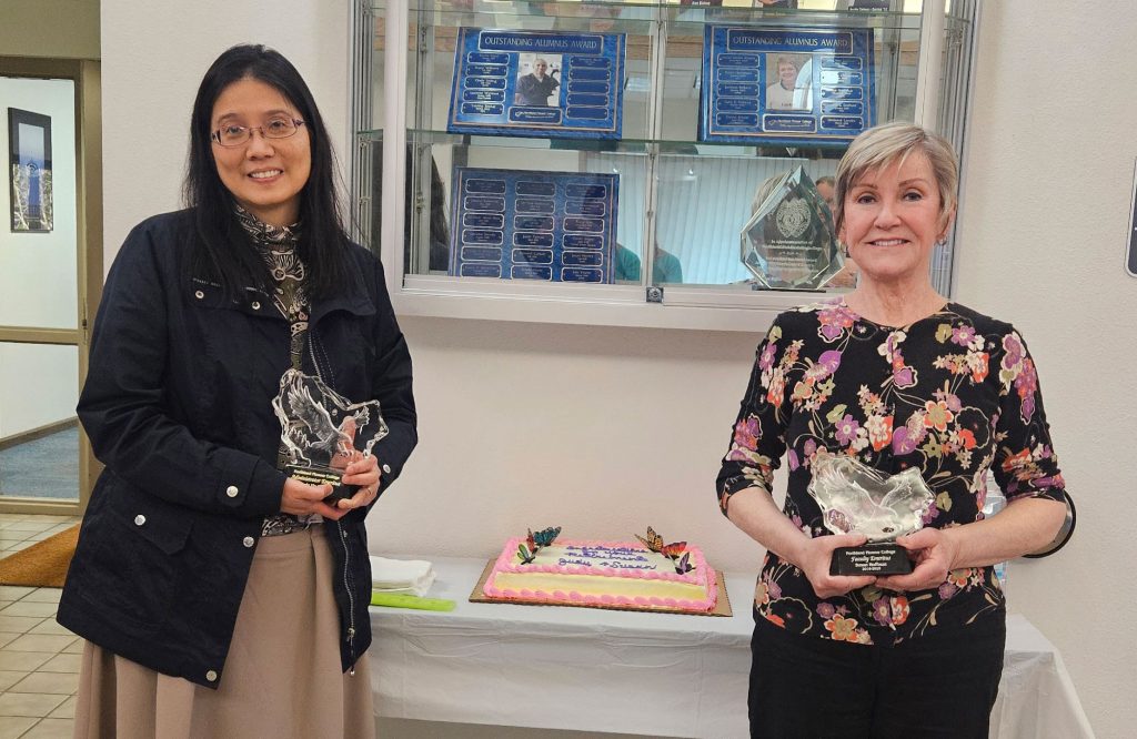 NPC's Dr. Judy Yip Reyes (left) and Dr. Susan Hoffman (right) accepted their Crystal Eagle emeritus awards at the April 2025 meeting of the District Governing Board.