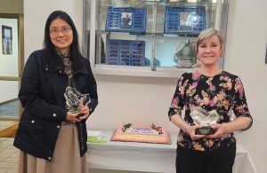 NPC's Dr. Judy Yip Reyes (left) and Dr. Susan Hoffman (right) accepted their Crystal Eagle emeritus awards at the April 2025 meeting of the District Governing Board.