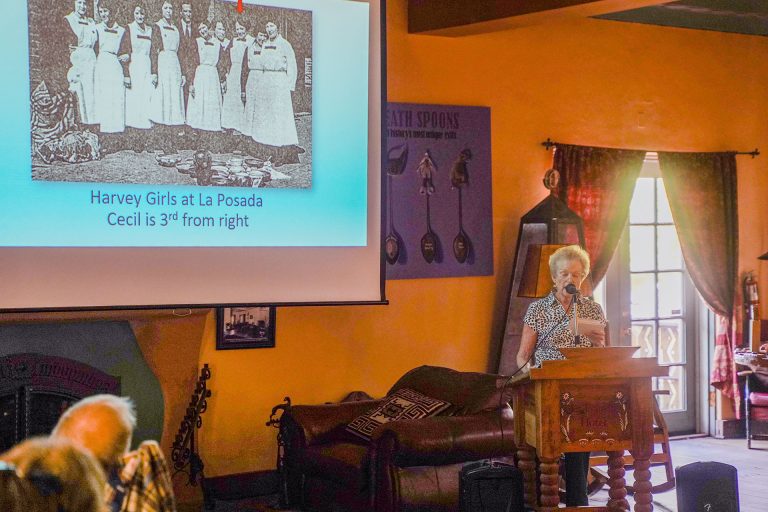Author and historian Jan Cleere speaks at La Posada Hotel in Winslow on July 18, during a presentation sponsored by the Old Trails Museum. Cleere shared stories from her new book 100 Western Women: The Bold, Brave, Gutsy Women of Arizona’s Past, which features pioneering figures like Winslow’s own Emma Lee French and Bessie Kidd Best. The evening included a Q&A and book signing. Cleere writes a column called, “Western Women” for the Arizona Daily Star in Tucson.