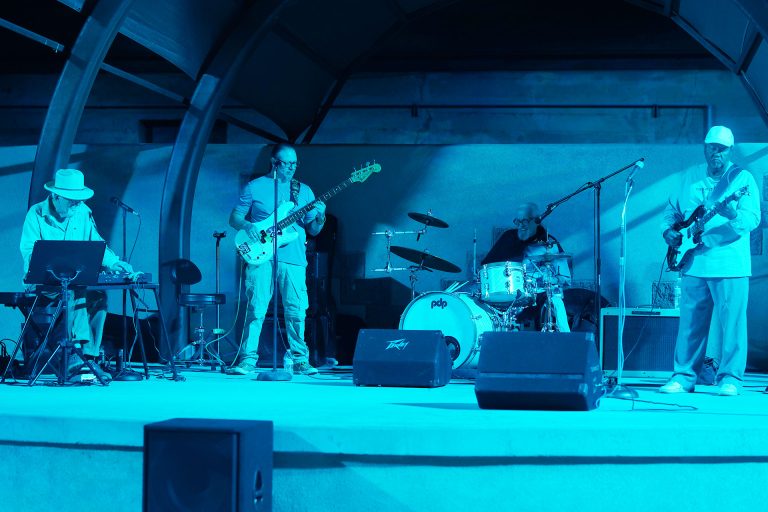 The Winslow Art’s Council had their fourth annual FAB (food, arts and blues) Festival last Saturday at the Route 66 Plaza. Tommy Dukes (right), Winslow’s own Arizona Blues Hall of Famer headlined the festival with his band with a mix of covers and original songs. Other members of the band include (left to right) S.E. Willis on keyboard, Tony Armijo on bass and Jeff Porturica on drums.