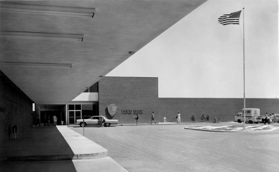 View of the entrance to the Painted Desert Visitor Center in the Painted Desert Community Complex in 1962.