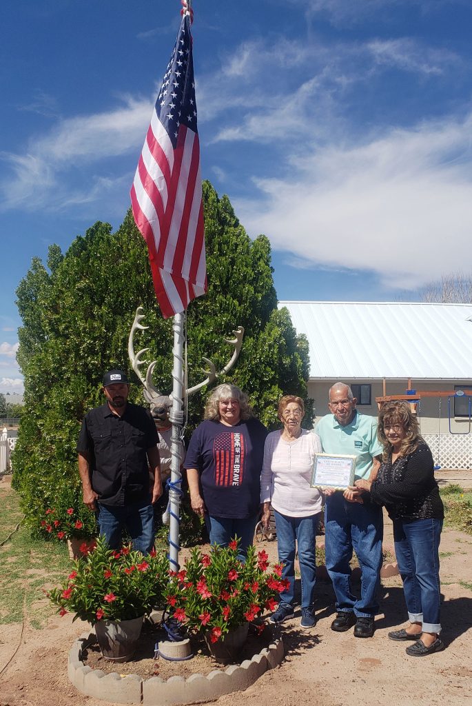 Holbrook Elks Lodge No. 2450, presented a certificate to Albert and Katherine Sample for properly displaying their flag as Navajo County celebrates National Patriotism Week, which was Sept. 8-14. Pictured are (left to right) Elks Lodge members Joshua Johnson and Cindy Allen, Katherine Albert Sample, and Elks Lodge member Rosalie Harrelson.