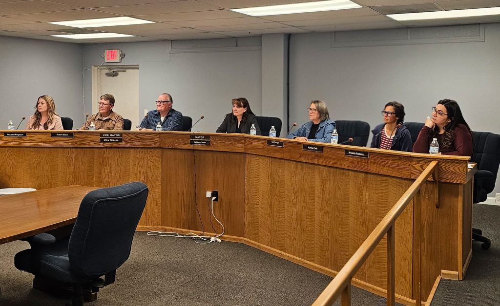 Holbrook Council members (left to right) Roxanne Pergesen, Robert Black, Vice Mayor Mike Nilsson, Mayor Kathleen Smith, Teri Tafoya, Karina Pack and Arcenia Pacheco listen to a presentation by SEI Realty’s David Mills.