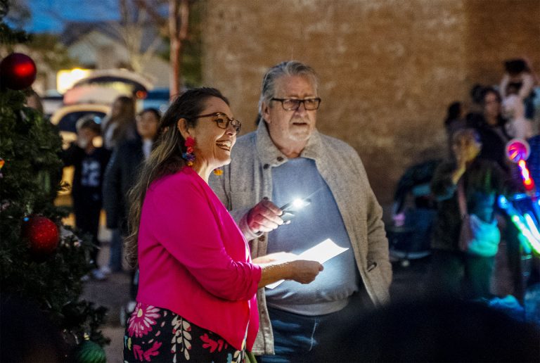 Mayor Birdie Cano and Winslow Chamber of Commerce CEO Bob Hall gave a few words before last Friday’s tree lighting in downtown Winslow.