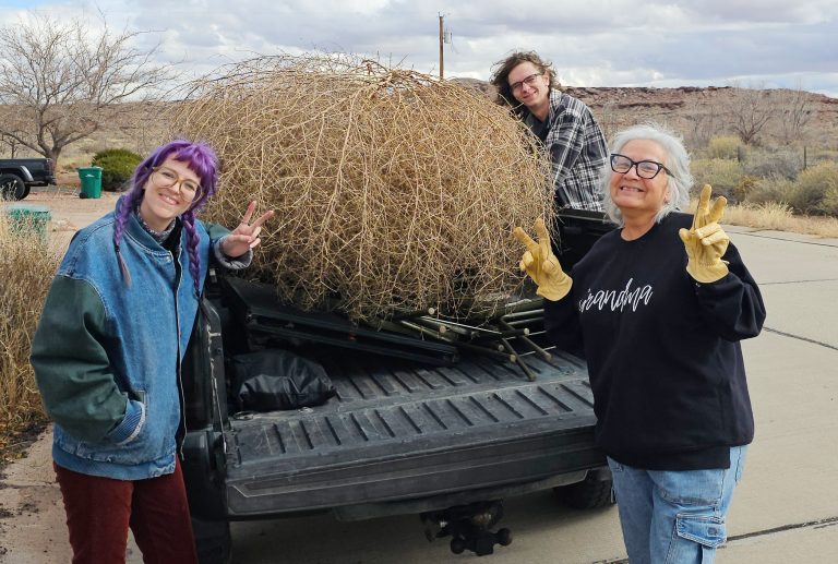 As Holbrook gears up for this evening’s 2nd Annual Tumbleweed Drop, the official tumbleweed has been chosen and is ready to make its grand descent from the Historic Navajo County Courthouse bell tower at 9 p.m. Pictured with the honored tumbleweed are event organizer Talaina Kor (left), Joshua Kor (center), and Colletta Keesee (right). The crowning of this year’s Tumbleweed Royalty will take place at 8:30 p.m., just ahead of the drop.