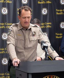 Navajo County Sheriff David Clouse provides details during a press conference in Holbrook regarding the Pinetop homicide investigation.