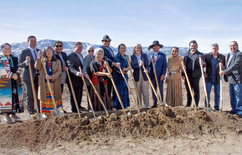 NPC's official groundbreaking ceremony for the college's new Kayenta location was held on Tuesday, Feb. 24. Pictured are (left to right) Navajo Nation Council Delegate Shaandiin Parrish, NPC District Governing Board (DGB) members Porter Black, Kristine Laughter and Derrick Leslie, AZ Commerce Authority Senior Vice President of Economic Development Keith Watkins, NPC DGB Chair Everett Robinson, NPC DGB member Rosie Sekayumptewa, NPC President Dr. Von Lawson, Arizona Senator Theresa Hatathlie, Arizona Governor Katie Hobbs, Navajo Nation President Dr. Buu Nygren, Kayenta Township Commissioner Chair Dr. Delores Greyeyes, CORE Construction Vice President of Higher Education Seth Beer, SPS+ Business Development Associate Rob Bass and Kayenta Township Manager Jarvis Williams.