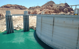Lake Mead water levels behind the Hoover Dam in July 2022 show the effect of long-term drought.