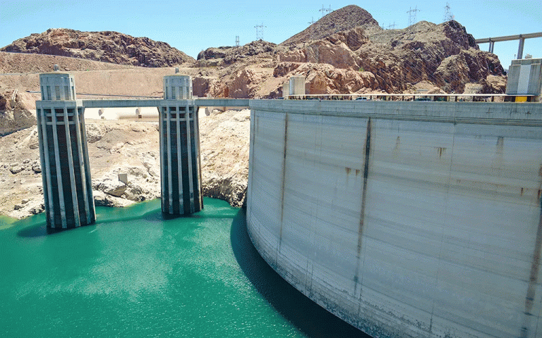 Lake Mead water levels behind the Hoover Dam in July 2022 show the effect of long-term drought.