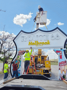 Holbrook has added a new tourist attraction in celebration of the Route 66 centennial. The artwork detailing Holbrook’s Route 66 highlights was created by renowned Native American artist Richard Gorman. City workers installed this drive-thru Route 66 shield at Heward Park, located at the west end of Hopi Drive. Also soon to be added are mini shields to be placed in the city’s dog parks located at Heward Park and the other dog park at the north end of Navajo Blvd.