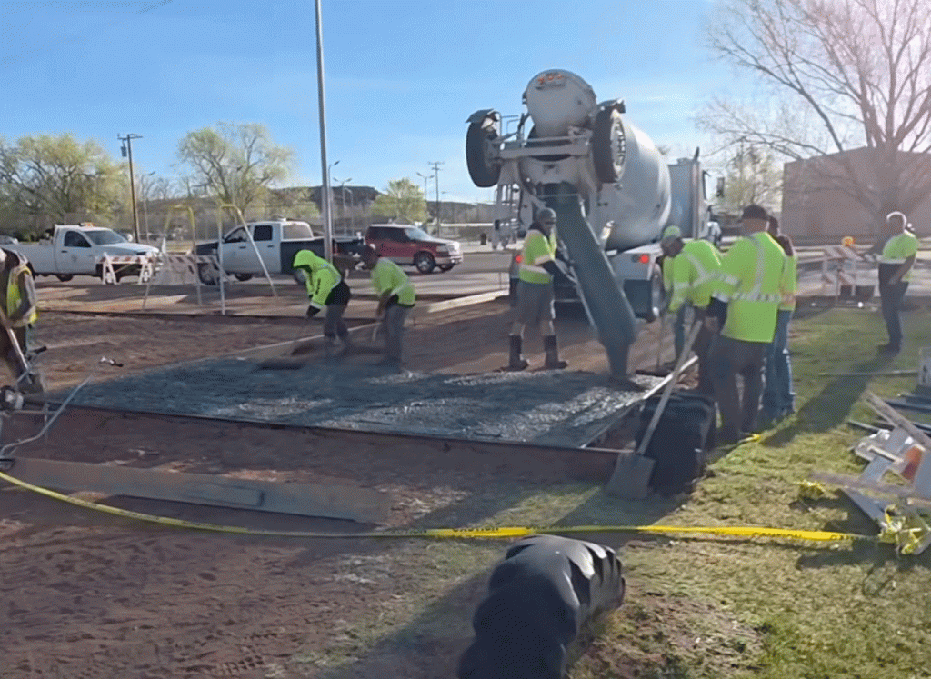 Image courtesy of the City of Holbrook / The City of Holbrook Parks Department was hard at work pouring concrete last week that will soon support shade structures, a response to a large shade tree that had to be removed after it died and became a hazard. Another addition will be a swing set near the shaded area.