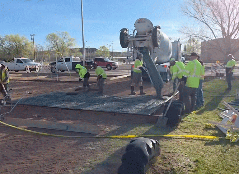 Image courtesy of the City of Holbrook / The City of Holbrook Parks Department was hard at work pouring concrete last week that will soon support shade structures, a response to a large shade tree that had to be removed after it died and became a hazard. Another addition will be a swing set near the shaded area.