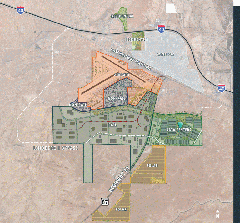Image courtesy of Atlas Global / A map from Atlas Global Development’s website shows the “Red Sands Tradeport,” recently renamed from the I - 40 TradePort, with a designated data center area located just south of the Southside neighborhood.