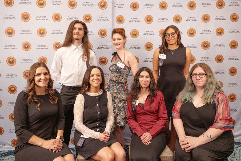 NPC’s All-AZ Academic Team (front row, left to right) Micah Salazar of Snowflake-Taylor, Amber Thompson of Show Low, Samantha Gonzalez-Zuniga of Show Low, Pamela Bishop of Holbrook, (back row) Dylan Hatch of Show Low, Charis Johnson of Snowflake-Taylor and Christyana Serna of Holbrook.