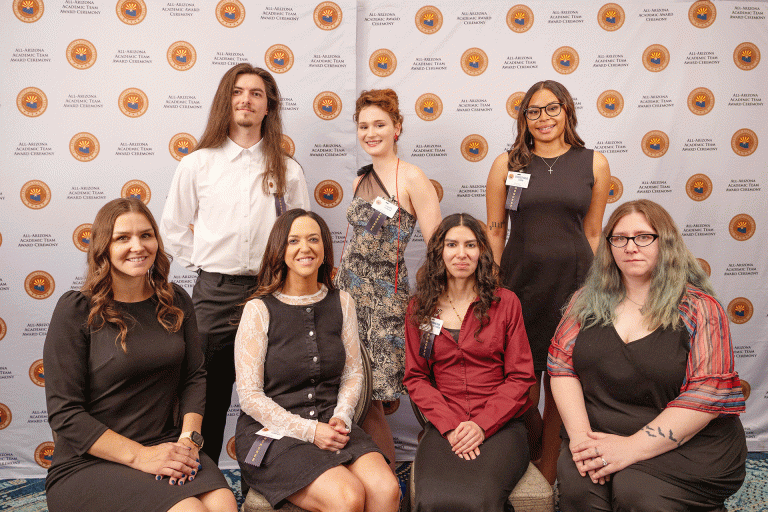 NPC’s All-AZ Academic Team (front row, left to right) Micah Salazar of Snowflake-Taylor, Amber Thompson of Show Low, Samantha Gonzalez-Zuniga of Show Low, Pamela Bishop of Holbrook, (back row) Dylan Hatch of Show Low, Charis Johnson of Snowflake-Taylor and Christyana Serna of Holbrook.