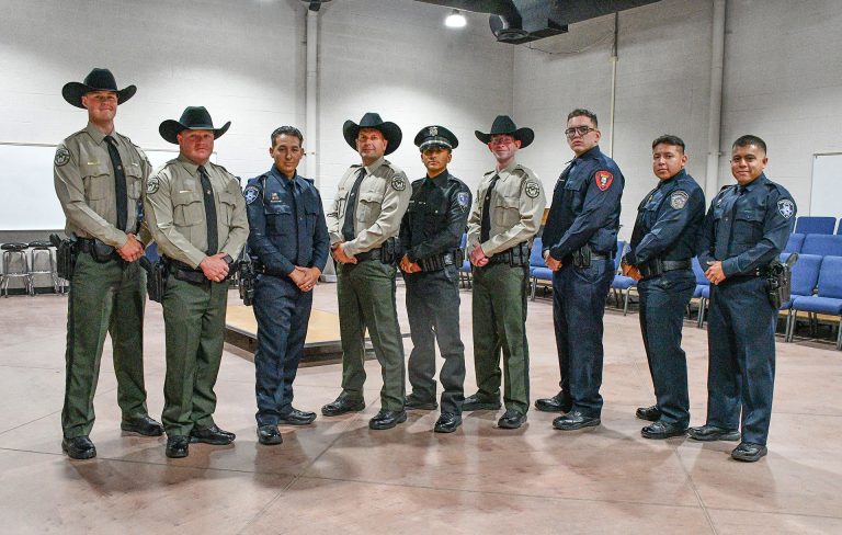 New officers pictured are (left to right) Benjamin Meeks, NCSO; Randon Rogers, NCSO; Jonathon Lopez, Snowflake/Taylor Police Department; David Talerico, NCSO; Luis Morales, St. Johns Police Department; Jake Walker, NCSO; Tony Espitia, Holbrook Police Department; Diego Mendoza, San Carlos Police Department; and Francisco Glora, Snowflake/Taylor Police Department.