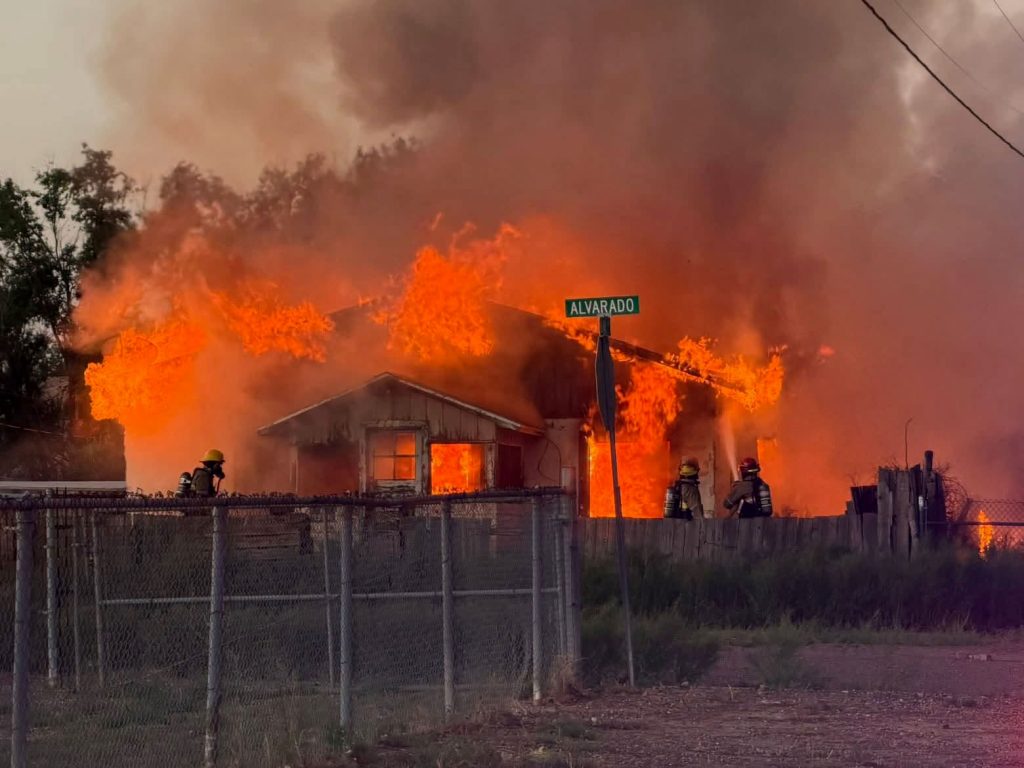 The Holbrook Volunteer Fire Department responded to a report of a house fire on Alvarado Street located at the south side of Holbrook on the morning of Tuesday, Aug. 18. The house was fully engaged with flames but firefighters were able to contain the blaze to the one building. The house was vacant and no one was injured. The incident is currently under investigation.