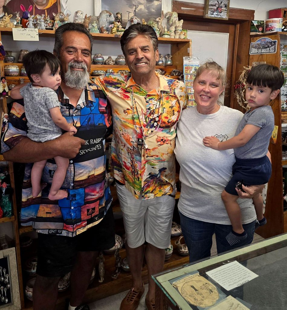 The Jack Rabbit Trading Post has a special visitor stop at this hoppin’ roadside attraction. Actor Erik Estrada (center) grabbed some souvenirs and had a visit with shop owners Tony and Cindy Jaquez (pictured). Also pictured are the Jaquez’s grandkids Maximo Aguilera (pictured with Tony) and Santi Aguilera pictured with Cindy. Estrada’s visit was part of the Great American Road Rally Celebrity Edition, a celebrity tour of Route 66 as part of the centennial celebration to raise awareness, drive fund-raising, and activate local communities.