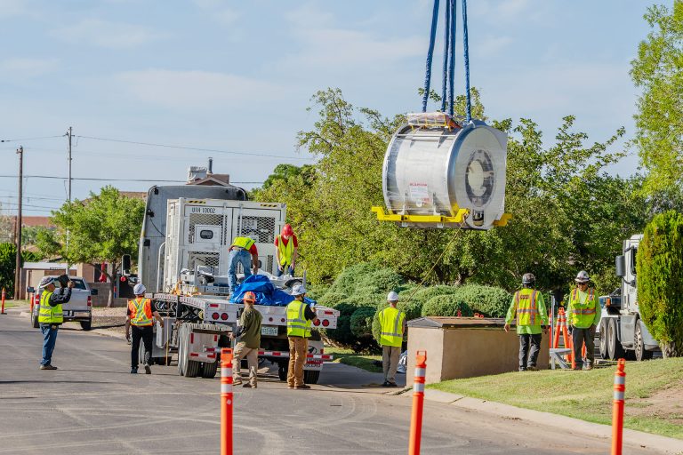 A crane hoists Little Colorado Medical Center's new 30,000-pound MRI machine into its purpose-built suite at the Winslow hospital on Saturday, part of a project totaling nearly $2 million.