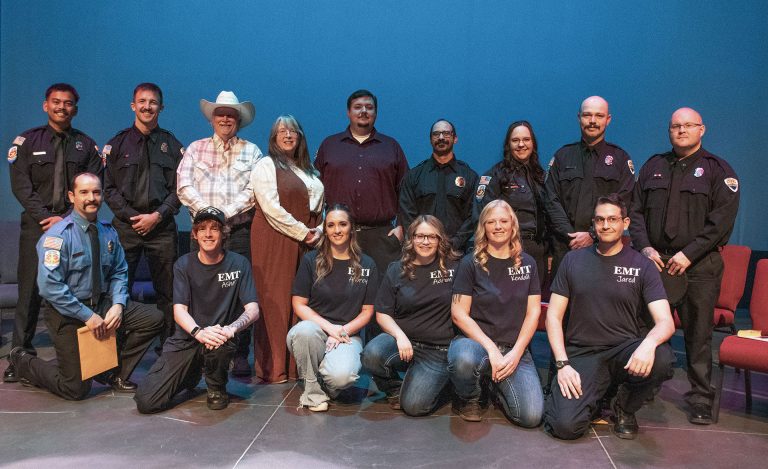 Pictured are (front row, left to right) Peter Bird, medic, Taylor Snowflake; Asher Harwell, EMT basic, Pinetop Wildland; Aubrey Clonts, EMT basic; Aaron Shumway, EMT basic; Kendell Benton, EMT basic; Jared Stone, EMT basic; (back row) Riane Dela Cruz, medic, Timber Mesa; Garrett Allen, medic, Timber Mesa; Bill Prentice, NPC EMT instructor; Michelle Prentice, paramedic instructor/EMS program coordinator; Joshua Simpson, medic; Marcus Pompe, medic, Pinetop Fire; Madison Delisle, medic, Alpine Fire; Austin Goodman, medic, Timber Mesa; and Weston Fuentes, medic, Timber Mesa.