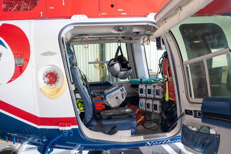 Photo by Shawn White The rear cabin of a Guardian Air Bell 407. Every pound aboard is accounted for and equipment gets left in the hangar when a patient’s weight demands it.