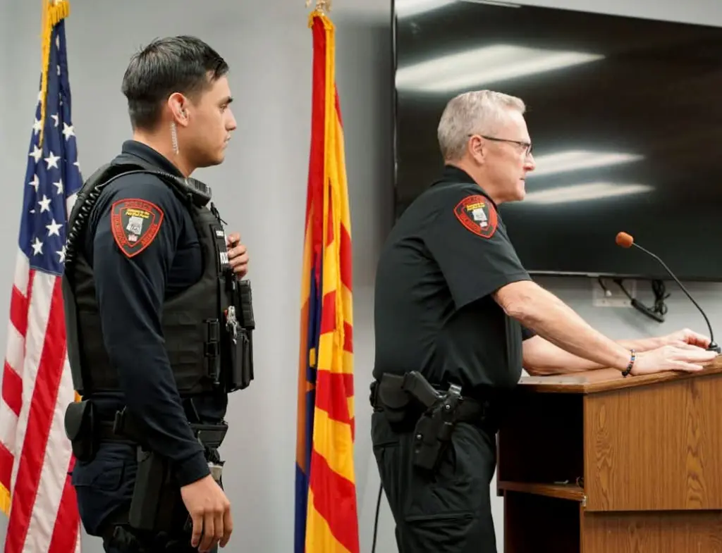 Photo by Shawn White Holbrook Police Chief Nathan Christensen (right) introduced the department’s newest officer, Eddie Corrales (left), who came from the Navajo County Sheriff’s Office after three years at the county jail.