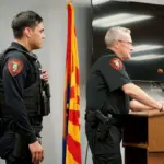 Photo by Shawn White Holbrook Police Chief Nathan Christensen (right) introduced the department’s newest officer, Eddie Corrales (left), who came from the Navajo County Sheriff’s Office after three years at the county jail.
