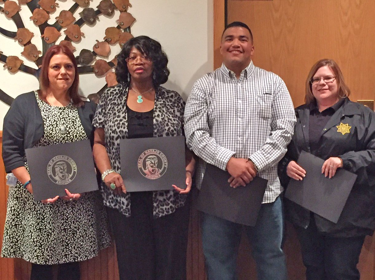 Photo by Adam WolfeNavajo County recognized employees (left to right) Jonnel Szentgyorgyi of the Health District, Shirley Hunt of the Public Defender’s Office, Shawn Hayes of Jail Operations and Deborah Eischen of Adult Probation for their excellence in personal performance far exceeding organization expectations during the Board of Supervisors meeting.