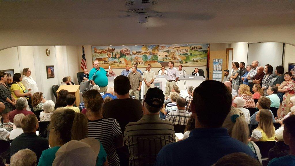 Photo courtesy of Snowflake-Taylor Police Chief Larry ScarberA public forum question and answer session on the proposed marijuana growfacilities which applied for special use permits from the Town of Snowflakedrew a standing room only crowd and was moved to the Snowflake fire station to accommodate it.