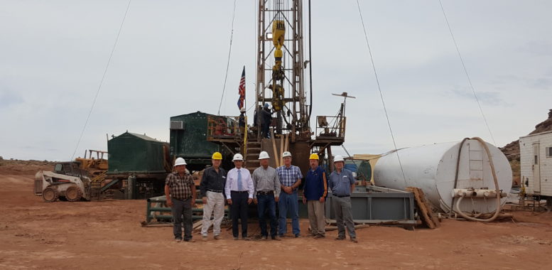 Photo courtesy of Blackstone Exploration CompanyFollowing discussion of the developments of Blackstone Exploration Company, (left to right) Blackstone board member Loren Glick, Arizona Oil and Gas Conservation Commission Chairman Frank Thorwald, Blackstone President Carmon Bonanno, Rocking Chair Ranch President Bill Elkins, Arizona State Land Department Mineral Section Manager Joe Dixon, Navajo County Manager James Jayne and former Arizona Geological Survey administrator Nyal Niemuth stand in front of Blackstone’s Drilling Rig 1.